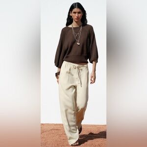 ZARA Sz S 100% Linen Ecru Wide-Leg Pants Belt Paperbag Waist Pockets High Rise